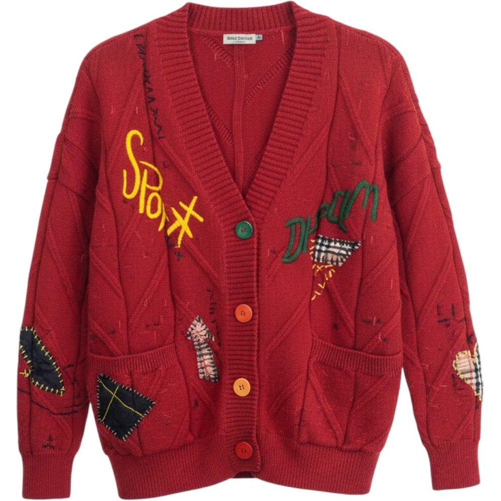 Patchwork Cardigan Red Plush Embroidery Oversized Eclectic Academia Preppy Sz S